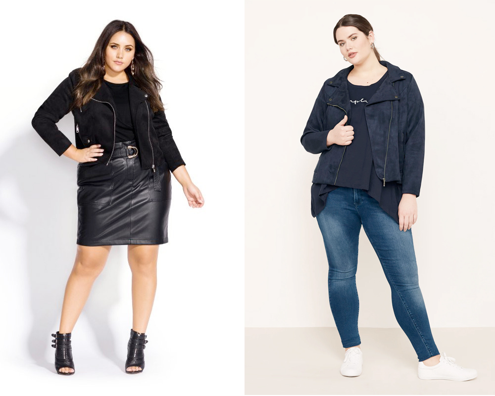 Plus size biker jackets: Sueded Biker Jacket, $169.99 from City Chic and Zizzi Faux Suede Biker Jacket, AUD $147.00 from Navabi