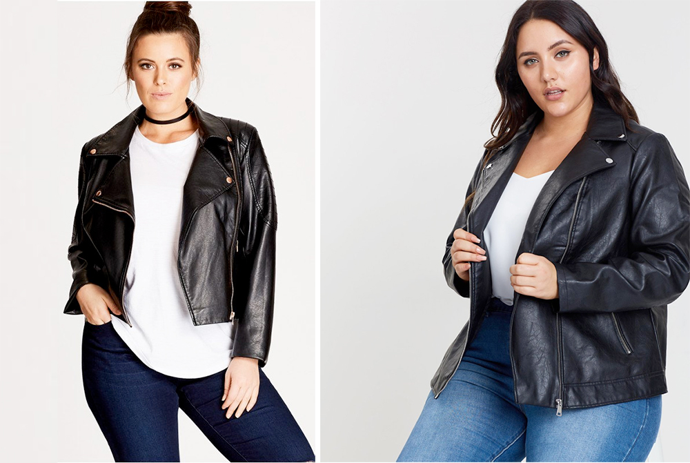 Plus size biker jackets: Zip Biker Jacket, $169.99 from City Chic and DP Curve Casual Jacket, AUD $74.95 from The Iconic