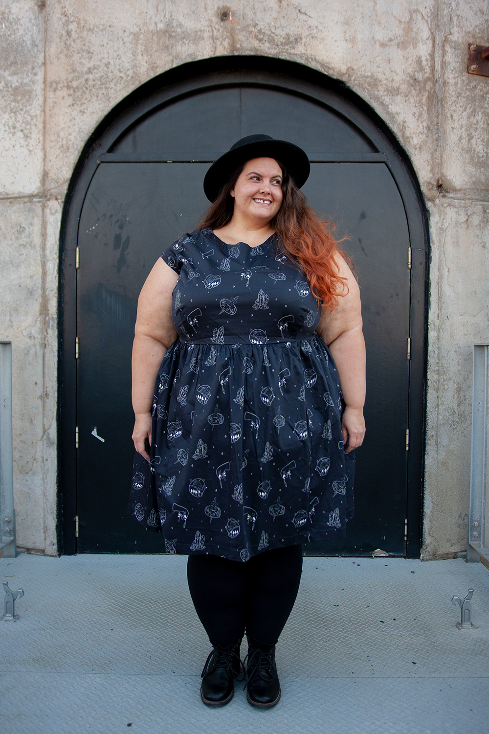 Kind of magic: New Zealand plus size fashion blogger Meagan Kerr wears Li'l Miss Meanie Dress by Cutting Shapes Club, Lida Seamless Plus Size Leggings from The Tight Spot, Limited Edition Lecester Boots from Number One Shoes and ASOS DESIGN Wide Brim Pork Pie Hat from ASOS