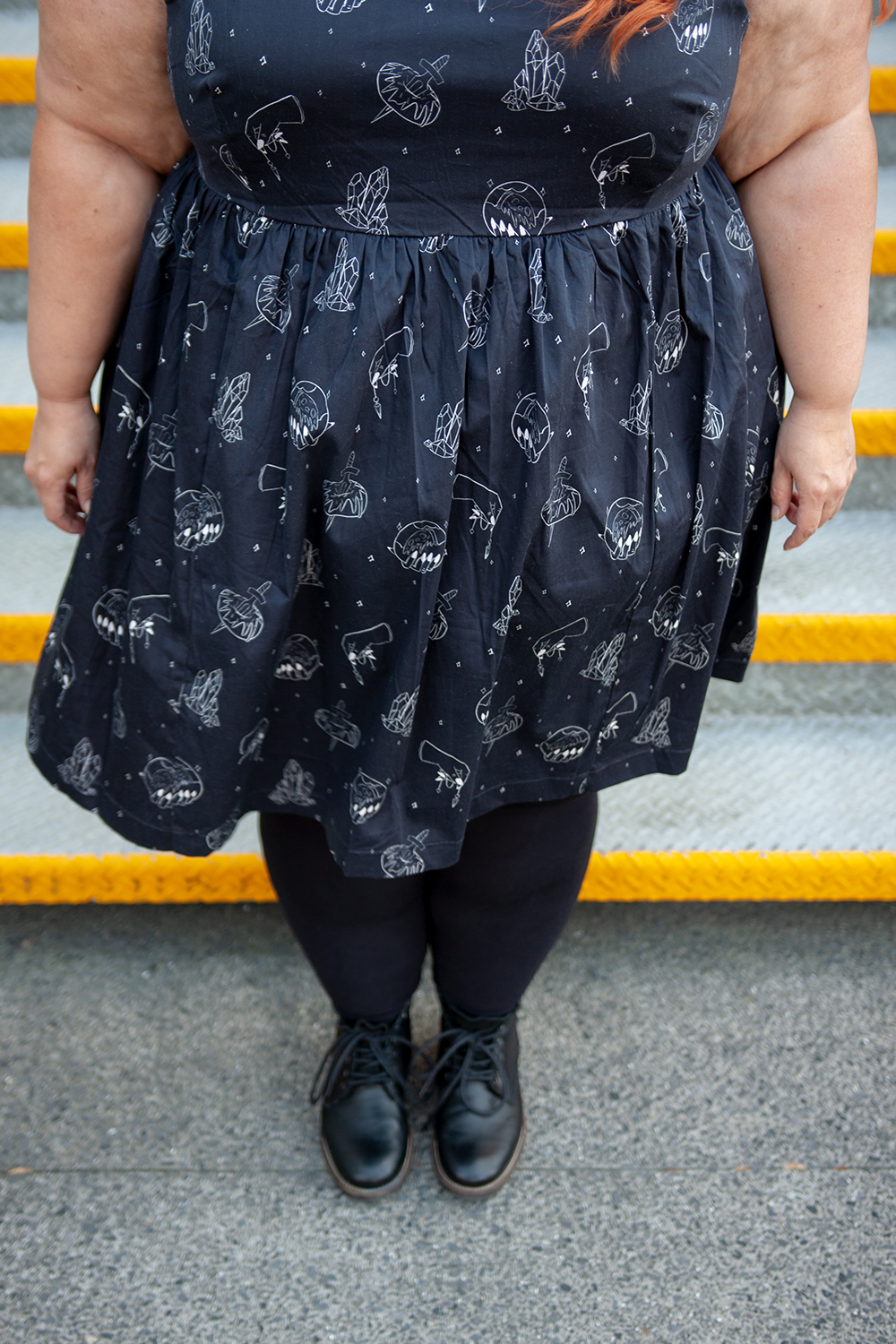 Kind of magic: New Zealand plus size fashion blogger Meagan Kerr wears Li'l Miss Meanie Dress by Cutting Shapes Club, Lida Seamless Plus Size Leggings from The Tight Spot, Limited Edition Lecester Boots from Number One Shoes and ASOS DESIGN Wide Brim Pork Pie Hat from ASOS