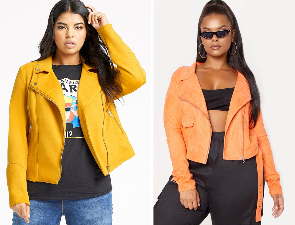 Plus size biker jackets: Suedette Biker, $74.99 from Simply Be and PLT Plus Orange Faux Suede Biker Jacket, AUD $68.00 from Pretty Little Thing