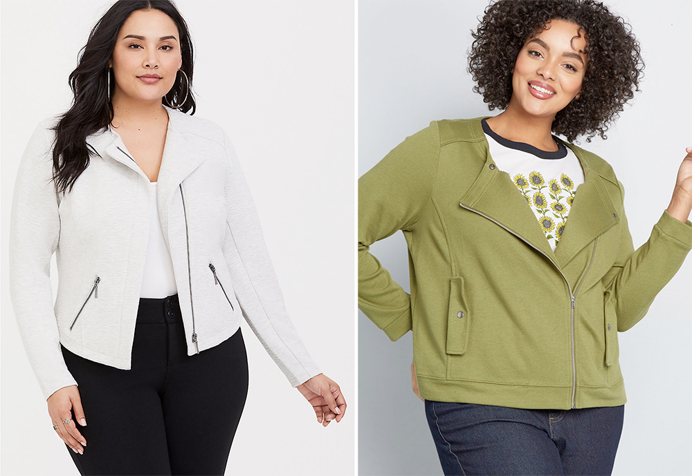 Plus size biker jackets: Light Grey Knit Zip Moto Jacket, USD $78.90 from Torrid and Finding Out Knit Jacket, $101.00 from ModCloth