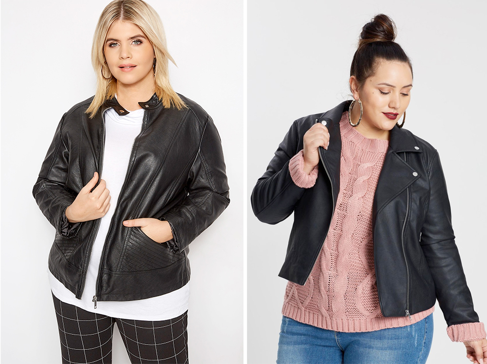 Plus size biker jackets: Black PU Leather Jacket, £55.99 from Yours Clothing and Missguided Curve Ultimate PU Biker Jacket, AUD $79.95 from The Iconic