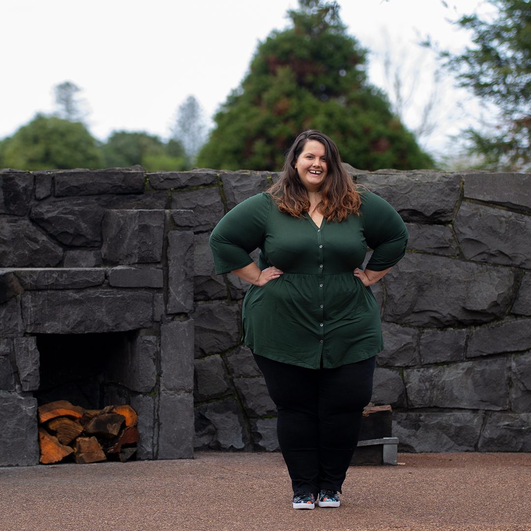 New Zealand plus size fashion blogger Meagan Kerr wears Gathered Waist Tunic from Autograph, Straight Leg Pull On Jeans from Autograph and Sara Wide Fit Brackley Sneaker from EziBuy