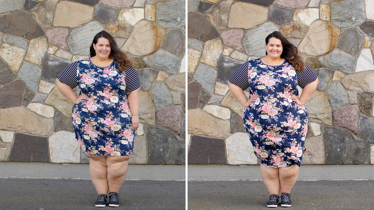 New Zealand plus size fashion blogger Meagan Kerr wears Tropical Floral Mayflower Dress by Ruby & Rain in short and long length