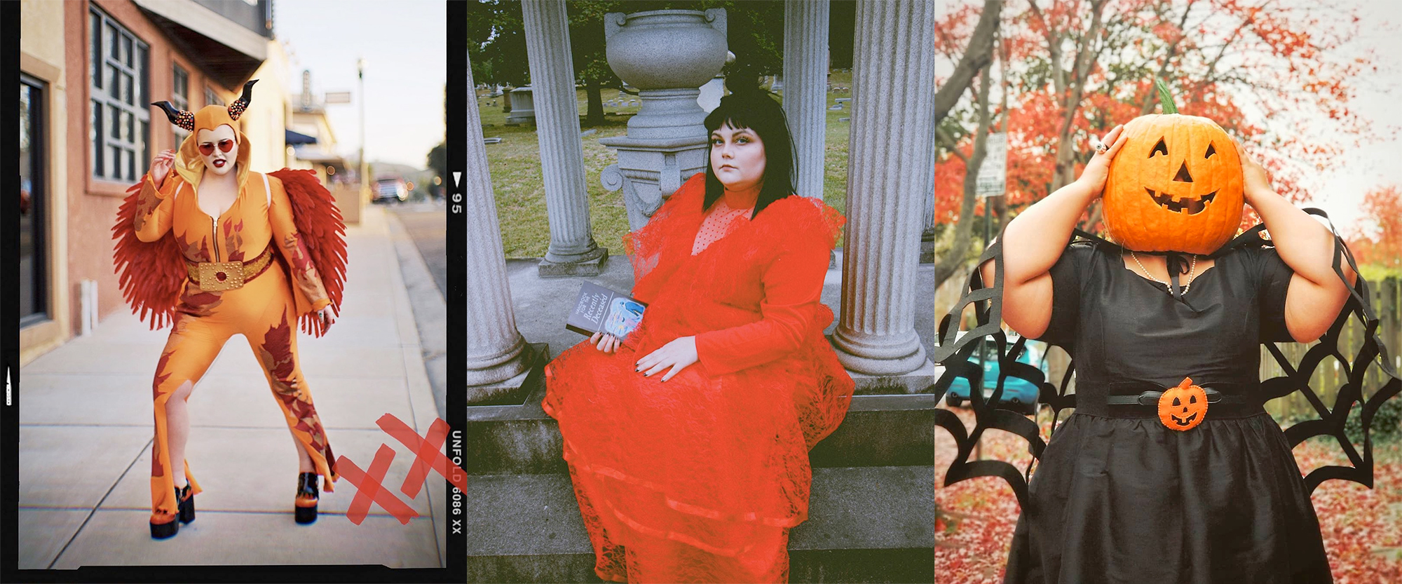 Plus size Halloween costumes 2019: LooksByLexington as Elton John in Rocketman; Hannah Godown as Lydia Deetz from Beetlejuice; Janna Morton with a carved pumpkin head