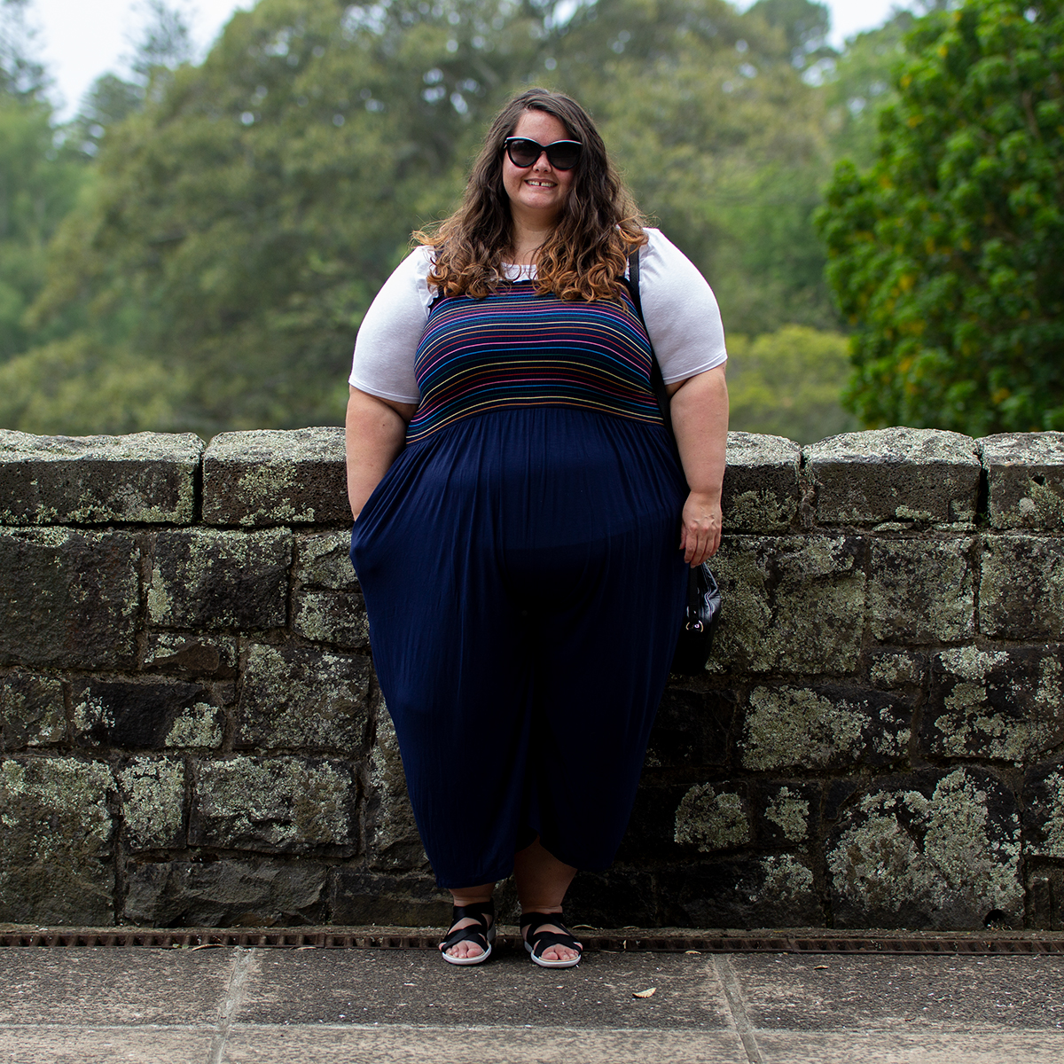 New Zealand plus size fashion blogger Meagan Kerr wears Ruby & Rain Ivy Tee underneath ModCloth Bright Benefits Cropped Jumpsuit with Ziera Utah Sandals and Velvet Heartbeat Winona Bag