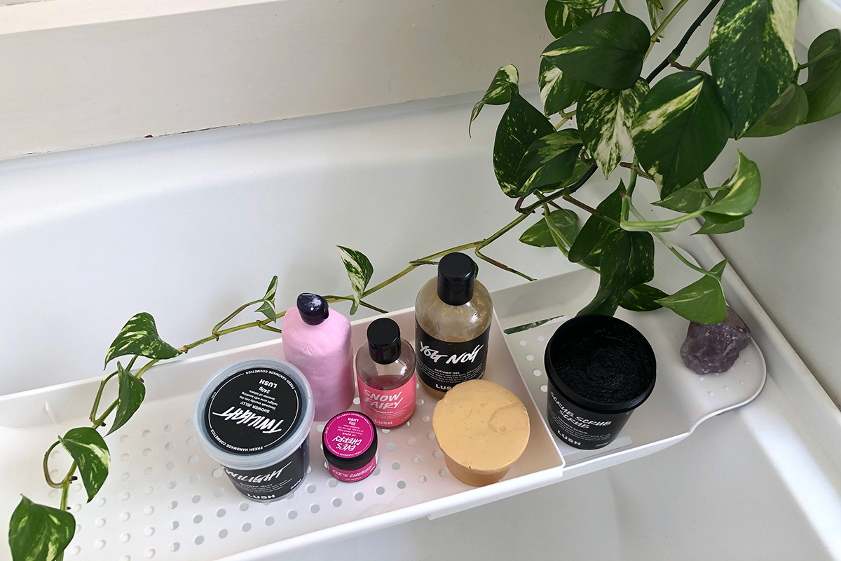 Lush shower products including Twilight shower jelly, American Cream naked shower gel, Eve's Cherry lip scrub, Snow Fairy shower gel, Yog Nog shower gel, Yog Nog body conditioner, Scrub Scrub Scrub shower scrub