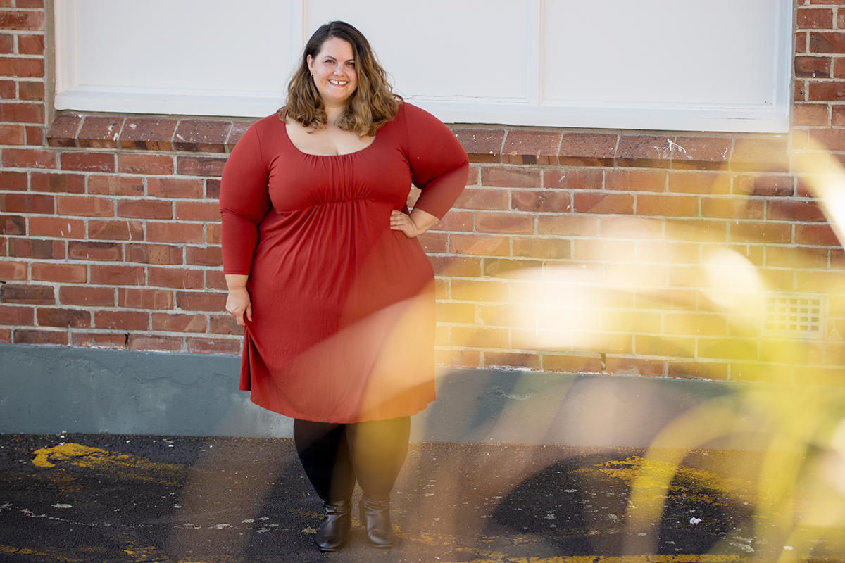 New Zealand plus size blogger Meagan Kerr wears SWAK Designs Juliet Dress, Snag Tights 80 denier black stockings, Autograph ankle boots