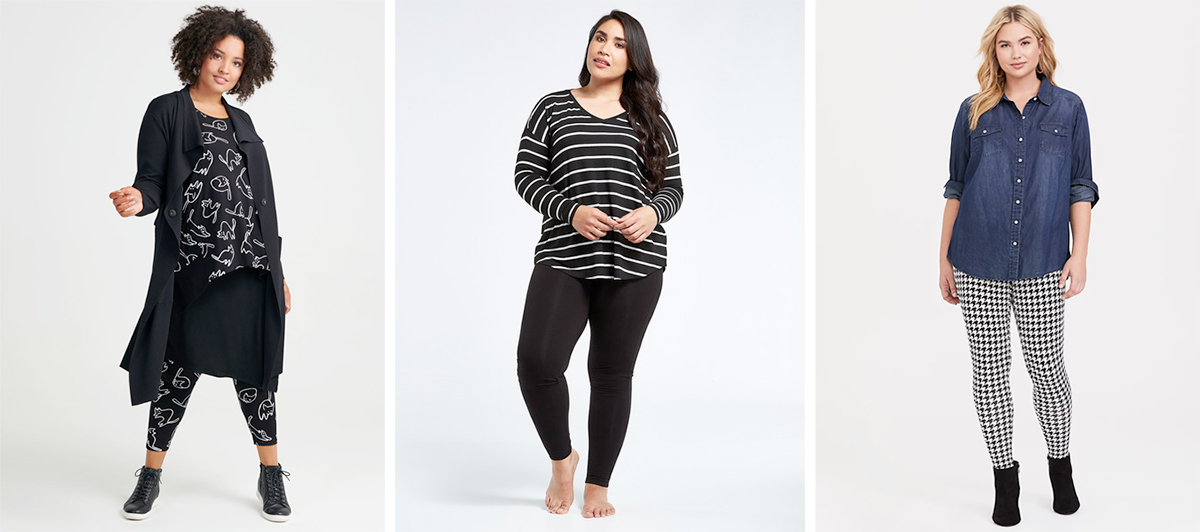 Where to buy plus size leggings to be comfortable during the pandemic. L-R: Hear Me Roar Legging, $84.95 from Taking Shape | Bodycode Curve BC+ Full Length Leggings, $39.99 from Farmers | Premium Leggings, USD $25.50 from Torrid