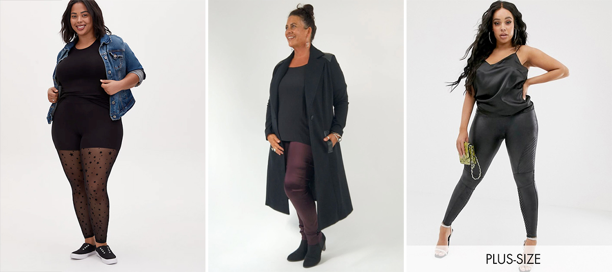Where to buy plus size leggings to be comfortable during the pandemic. L-R: Black Flocked Star Mesh Premium Leggings, USD $34.50 from Torrid | TCD Banded Skinnies, $199.00 from The Carpenter's Daughter | Spanx Plus Faux Leather Moto Leggings, $241.00 from ASOS