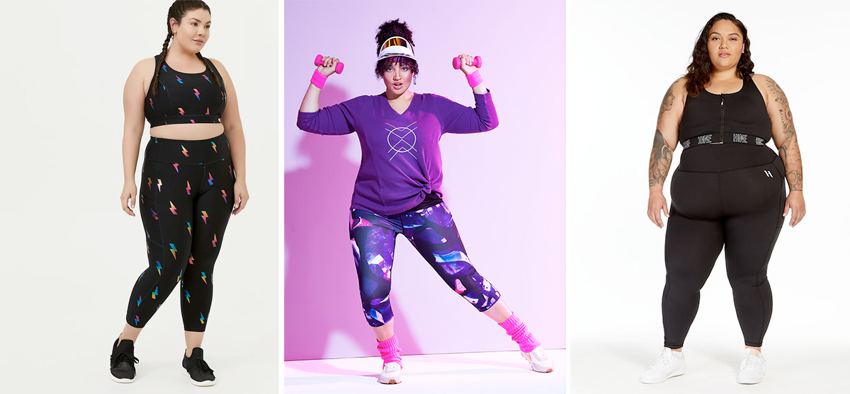 Where to buy plus size activewear leggings to be comfortable during the pandemic. L-R: Crop Wicking Active Legging with Pockets, USD $59.50 from Torrid | Shine Bright Crop Legging, $94.95 from Taking Shape | Upgrade 2.0 Full Length Leggings, $90.00 from HINE