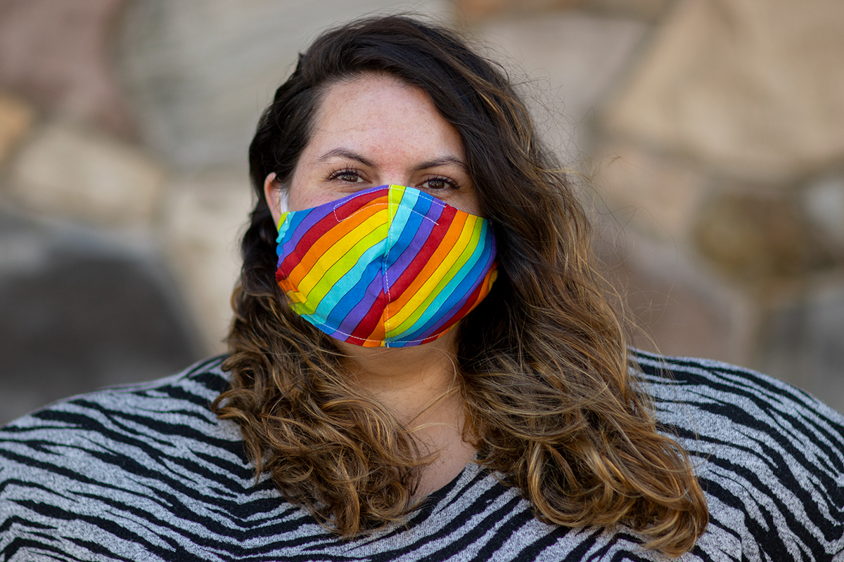 New Zealand plus size fashion blogger Meagan Kerr wears rainbow striped face mask from Toast Clothing Studio