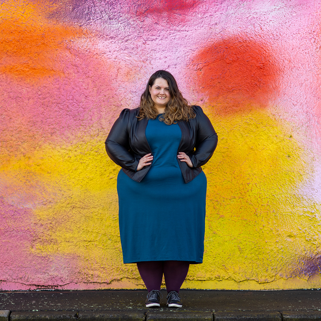 New Zealand plus size fashion blogger Meagan Kerr wears Ruby & Rain Rose Dress, City Chic Embrace Jacket, Snag Tights in Plum and DANNI shoes from Ziera