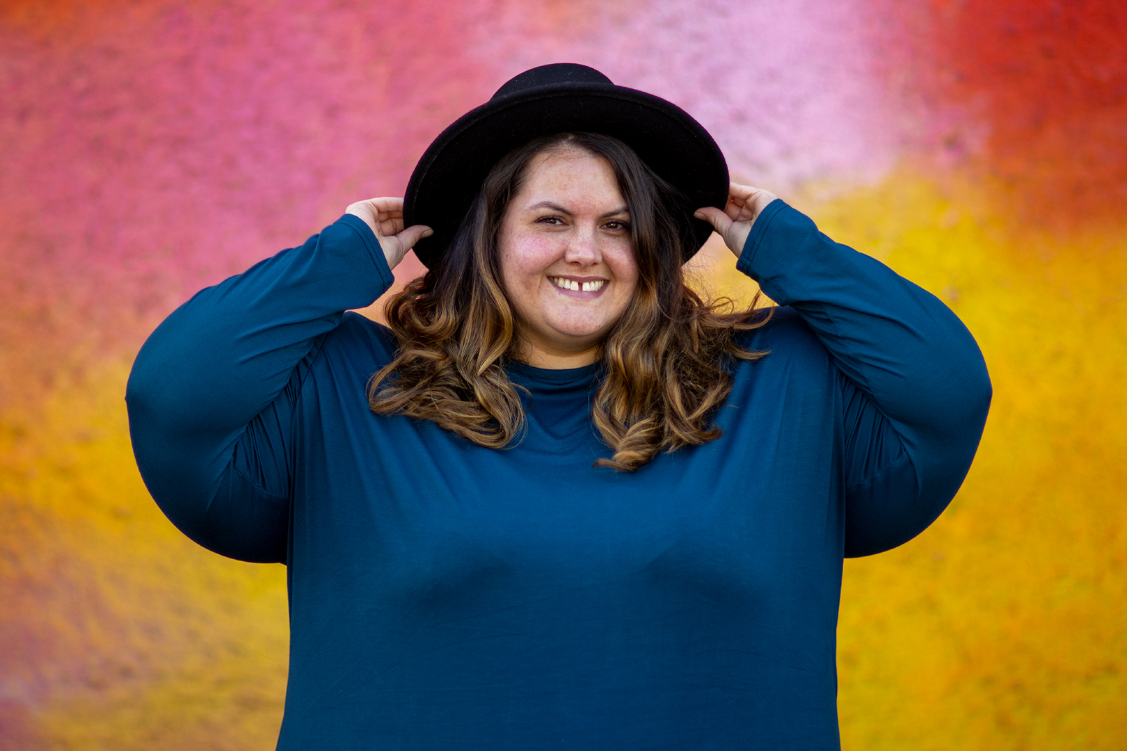 New Zealand plus size fashion blogger Meagan Kerr wears Ruby & Rain Rose Dress and ASOS Design Pork Pie Hat