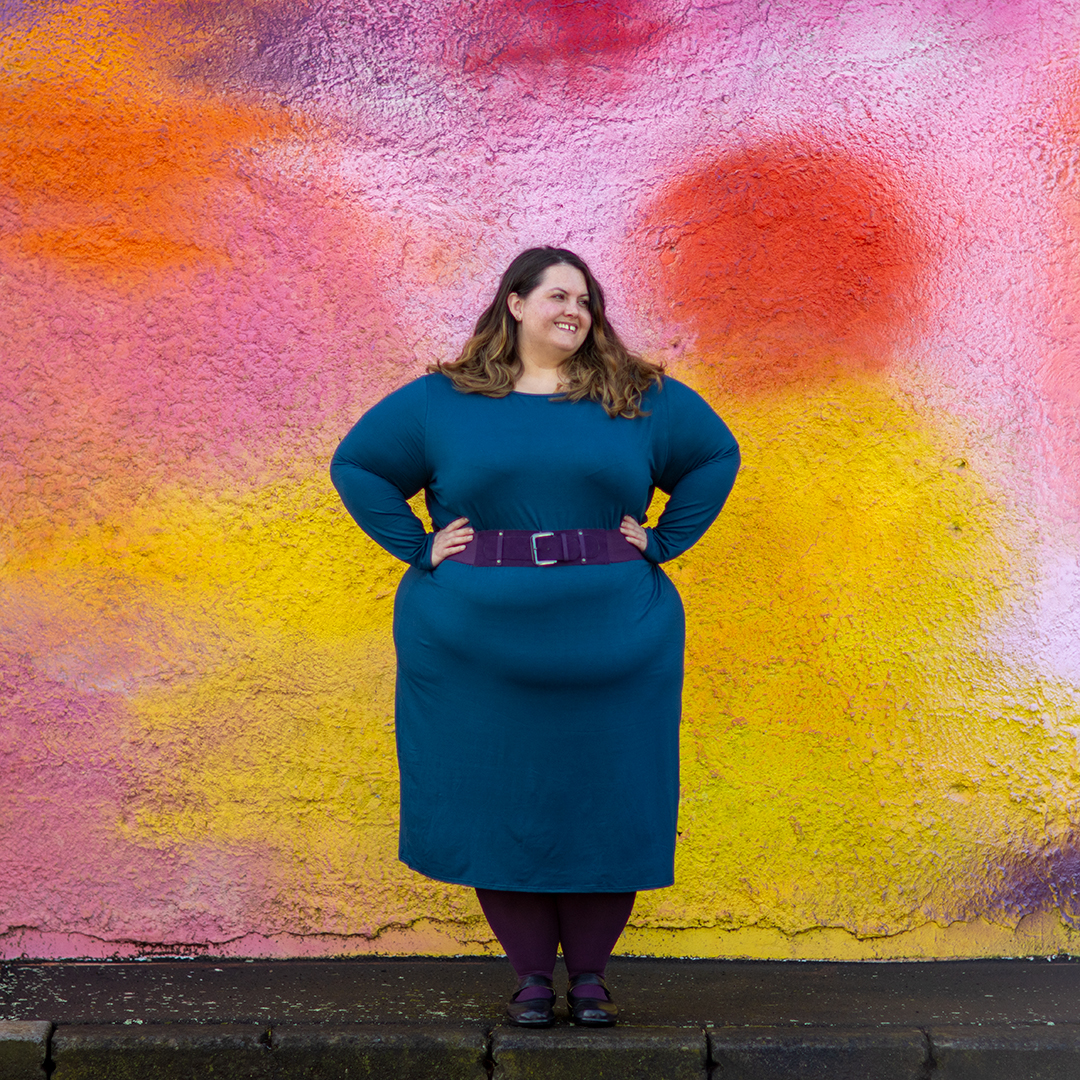 New Zealand plus size fashion blogger Meagan Kerr wears Ruby & Rain Rose Dress, City Chic Belt, Snag Tights in Plum and ABBY Mary-Janes from Ziera