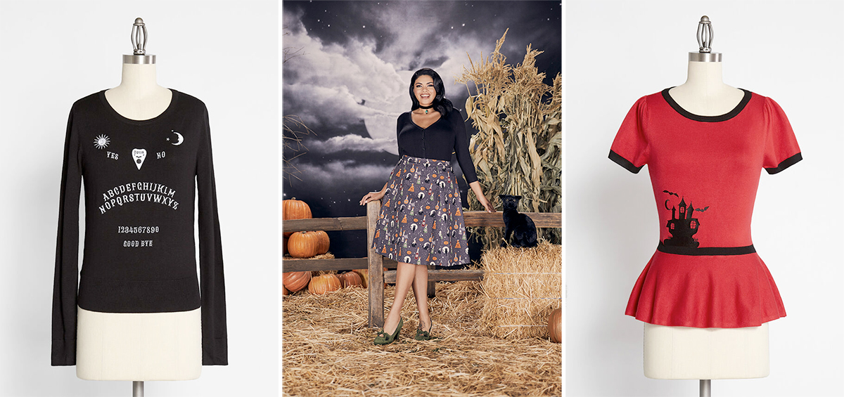 Where to buy plus size Halloween costumes: ModCloth. ModCloth x Collectif Future Forecast Pullover Sweater | ModCloth x Collectif Wicked Brew A-Line Skirt | ModCloth x Collectif If You've Got It Haunt It Knit Top