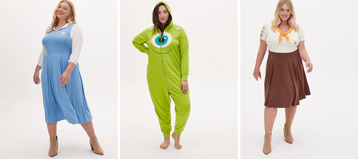 Where to buy plus size Halloween costumes: Torrid. Disney Beauty and the Beast Belle Blue Midi Dress | Disney Monster’s Inc. Mike Wazowski Lime Green Fleece Onesie | Disney Pixar Up Russel Wilderness Explorer Brown Skater Dress