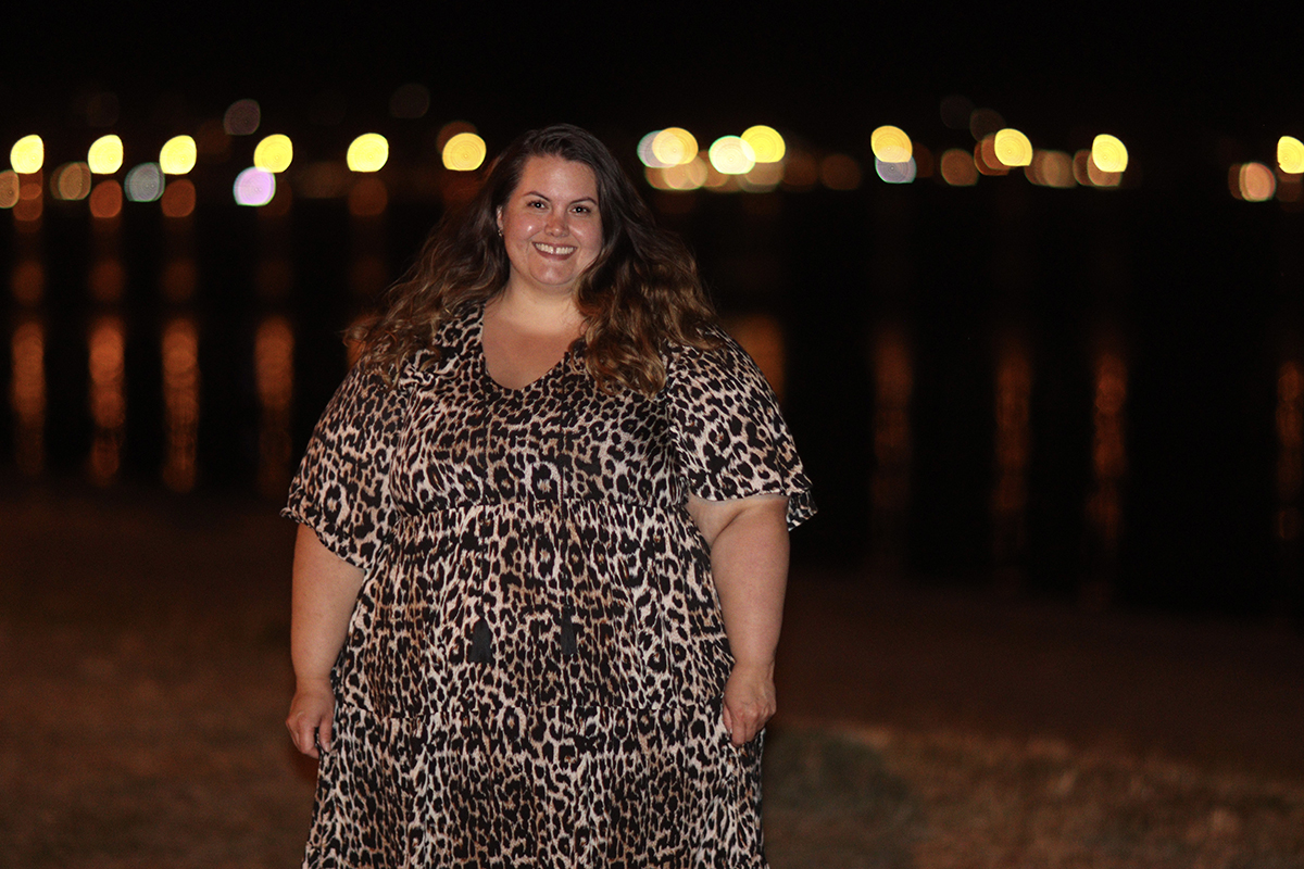 NYE 2020: New Zealand plus size blogger Meagan Kerr wears Isla-Maree Florence Dress in Jungle size XL 24