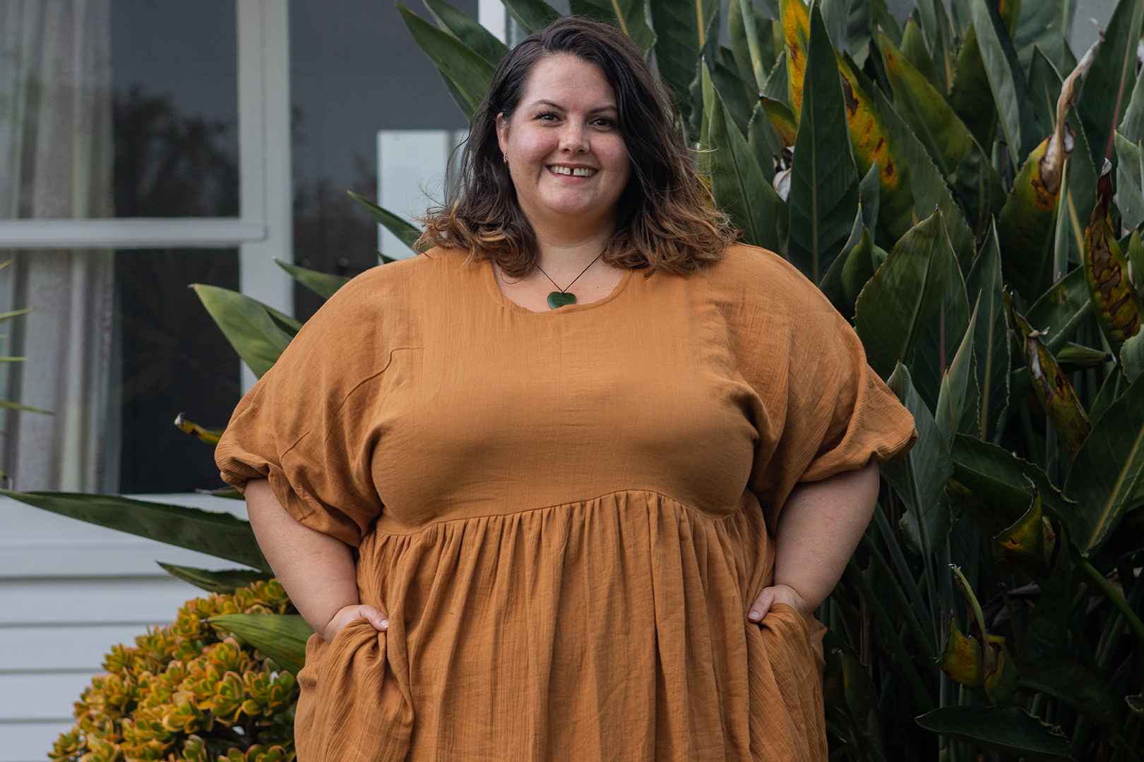 New Zealand plus size fashion blogger Meagan Kerr wears Noelle Dress in Bark, made by Sloan