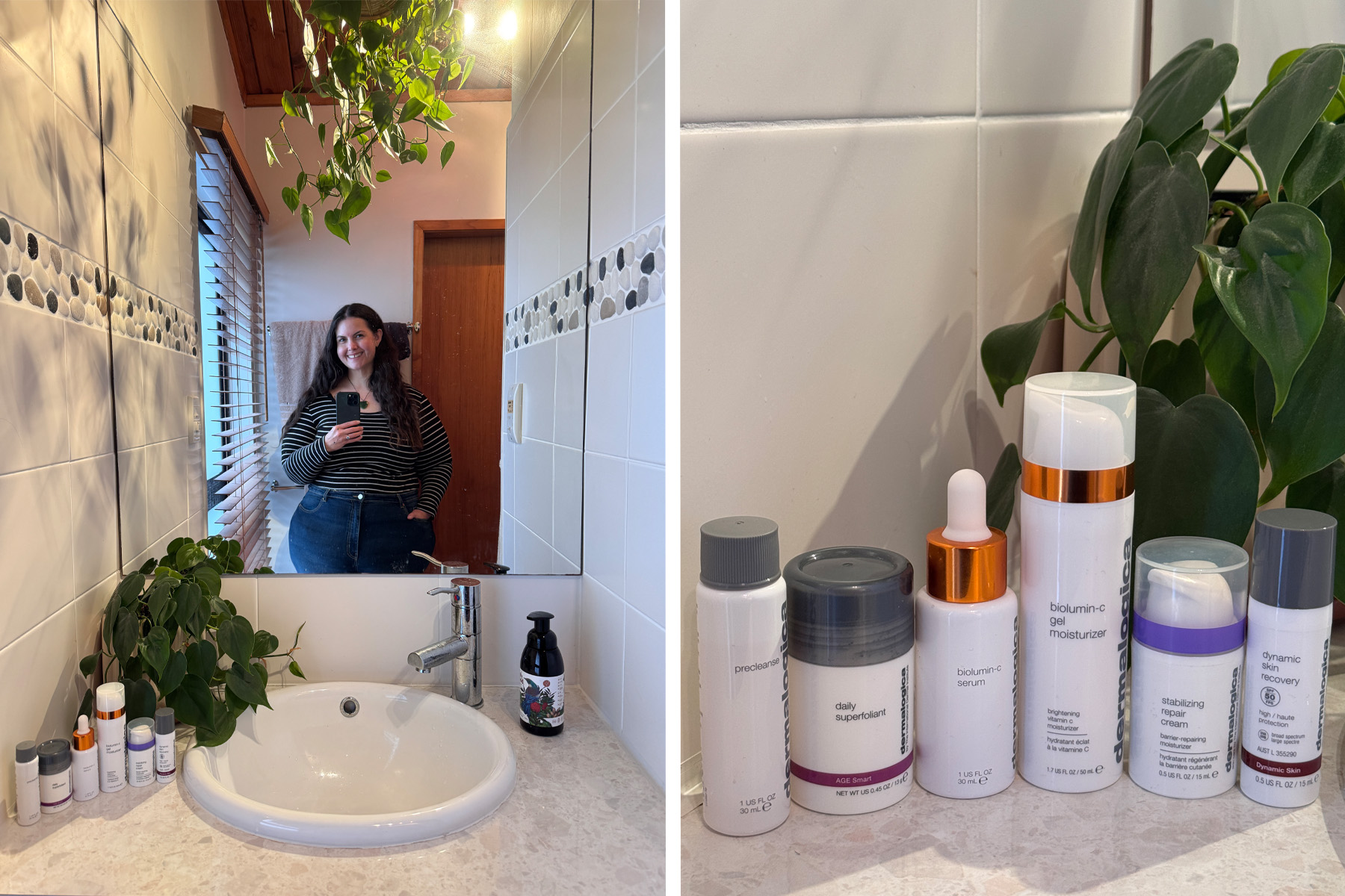 Left image is a mirror selfie in a bathroom. Her travel skincare is lined up next to her. Right image is a close up of Meagan's travel skincare routine.